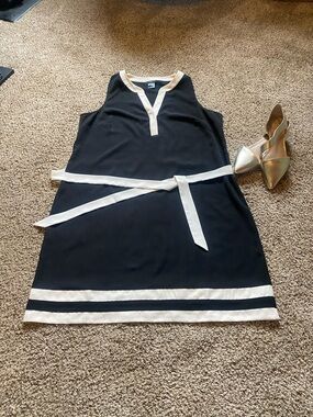 Ann Taylor Black Shift Dress with Cream Trim and Waist Tie